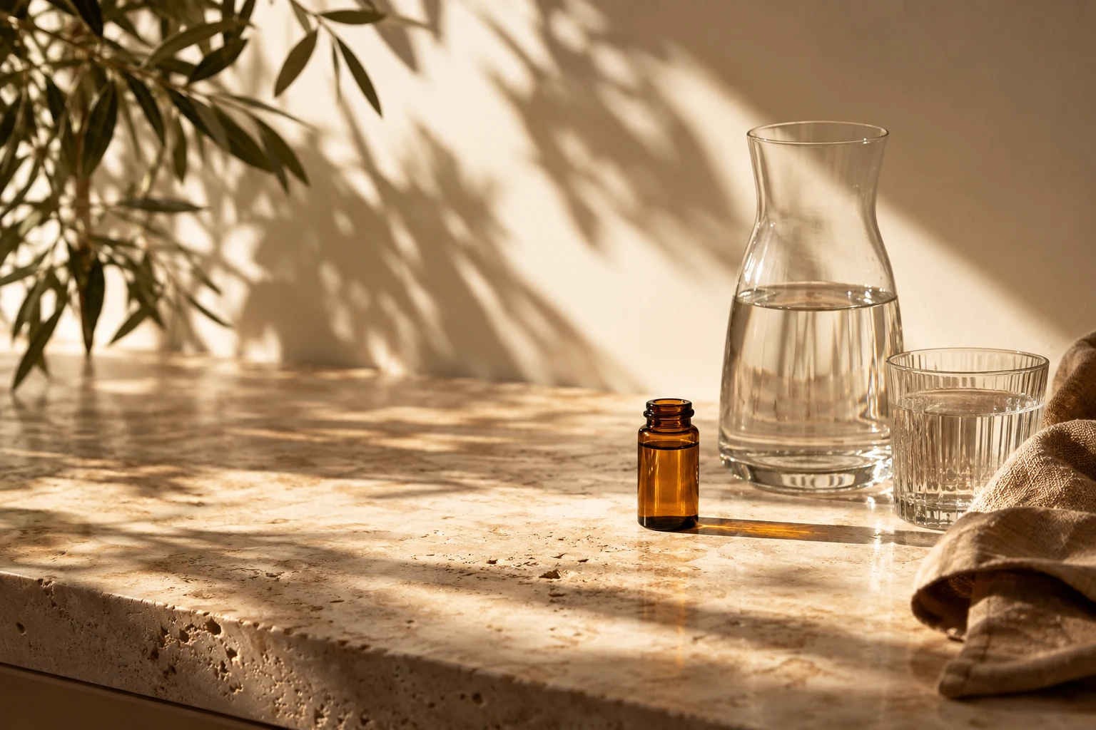 Amber glass and water in warm natural light